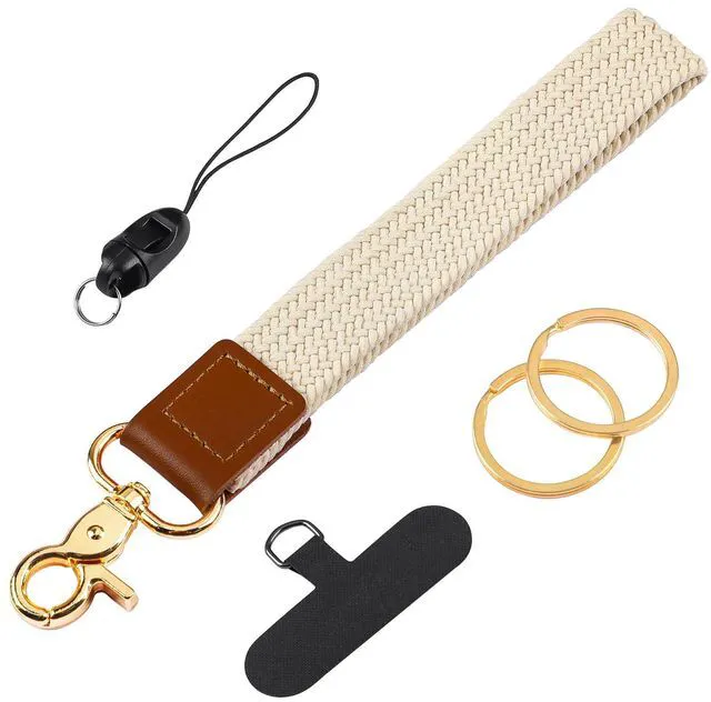 Main image of Uniclife Keychain Wristlet, Stretchy Key Chain for Car Keys Badges, Braided Fabric Wristlet Keychain with 2 Key Rings Tether Tab & Phone Strap, Cute Wrist Lanyard Strap for Men & Women (Beige)