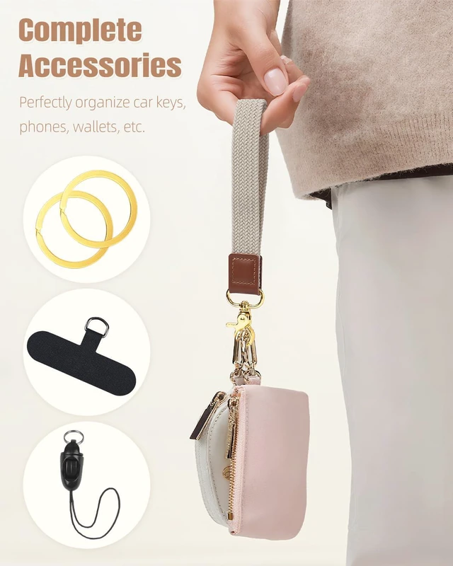 Alt view image 2 of 7 - Uniclife Keychain Wristlet, Stretchy Key Chain for Car Keys Badges, Braided Fabric Wristlet Keychain with 2 Key Rings Tether Tab & Phone Strap, Cute Wrist Lanyard Strap for Men & Women (Beige)