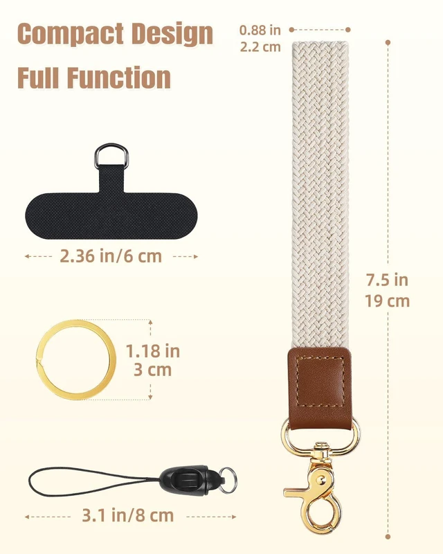 Alt view image 3 of 7 - Uniclife Keychain Wristlet, Stretchy Key Chain for Car Keys Badges, Braided Fabric Wristlet Keychain with 2 Key Rings Tether Tab & Phone Strap, Cute Wrist Lanyard Strap for Men & Women (Beige)