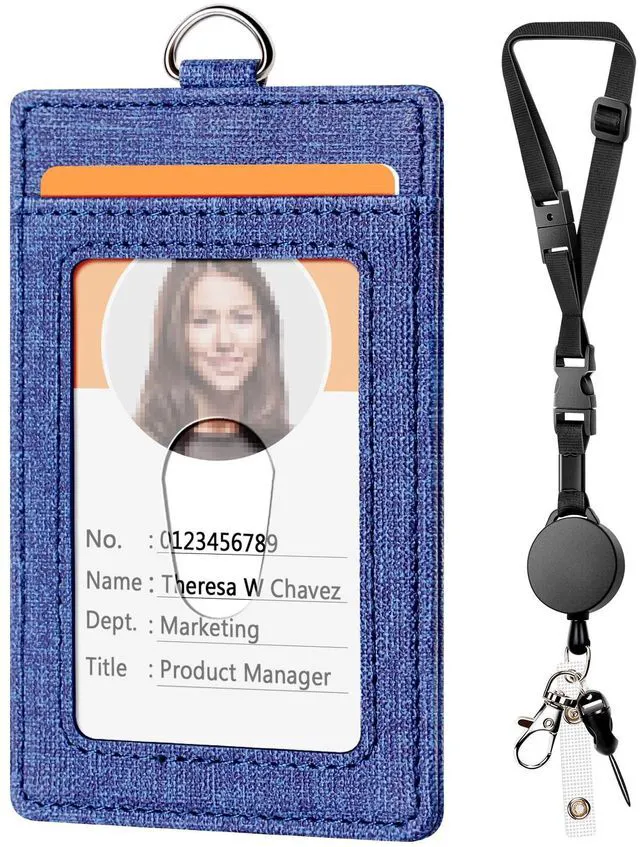 Main image of Leather Badge Holder and Adjustable Retractable Lanyards, Denim Blue | Quick Release Buckle and Safety Breakaway Lanyards with Swivel Metal Clasp for Offices, Staff, Students