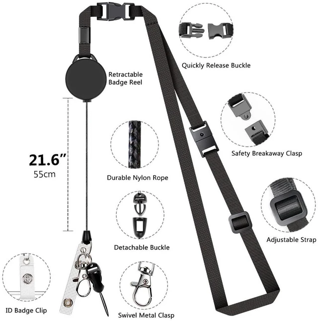 Alt view image 2 of 7 - Leather Badge Holder and Adjustable Retractable Lanyards, Denim Blue | Quick Release Buckle and Safety Breakaway Lanyards with Swivel Metal Clasp for Offices, Staff, Students
