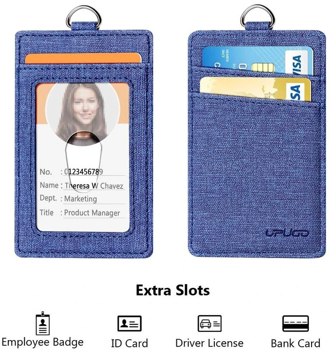 Alt view image 3 of 7 - Leather Badge Holder and Adjustable Retractable Lanyards, Denim Blue | Quick Release Buckle and Safety Breakaway Lanyards with Swivel Metal Clasp for Offices, Staff, Students