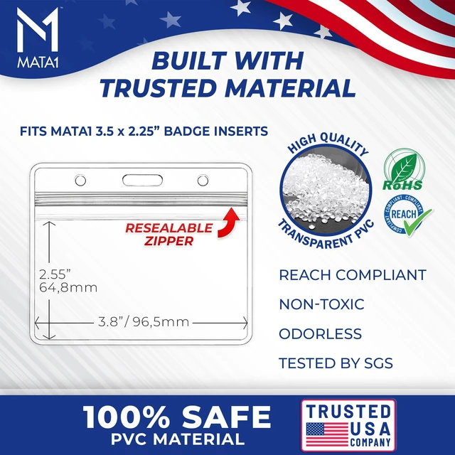 Alt view image 3 of 7 - Plastic Card Holder, Clear, 3.5x2.25 Inch, 10 Pack | Mata1-USA Horizontal Badge Holder for ID Name Badge with Zipper, Waterproof Nametag Holder for Conferences and Company Events