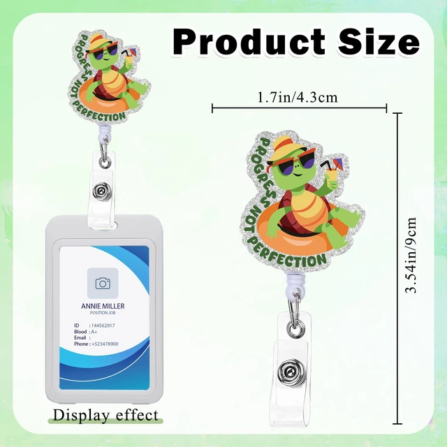 Alt view image 6 of 6 - AFRITEE Turtle Badge Reel for Nurse, Progress Out Perfection Retractable ID Badge Holder for Nursing, Cute Tortoise Glitter Acrylic Badge with Alligator Clip for MA CNA Teacher Work Accessories