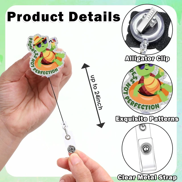 Alt view image 5 of 6 - AFRITEE Turtle Badge Reel for Nurse, Progress Out Perfection Retractable ID Badge Holder for Nursing, Cute Tortoise Glitter Acrylic Badge with Alligator Clip for MA CNA Teacher Work Accessories