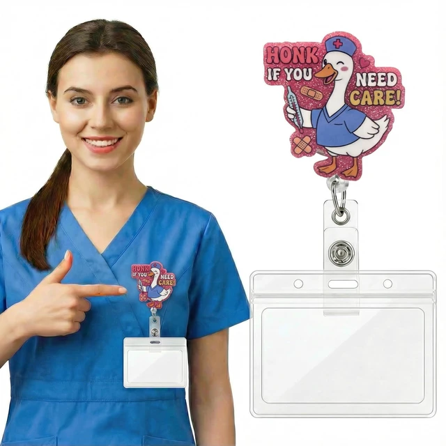 Alt view image 2 of 7 - Funny Nurse Badge Reel with ID Holder,Cute Work Badge Holder with Retractable Clip,Nurse Gift for RN LPN CNA MA BSN Nursing Student Teacher Doctor Healthcare Workers Doctor (HONK Need Care!)