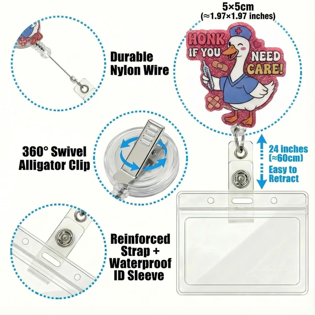 Alt view image 3 of 7 - Funny Nurse Badge Reel with ID Holder,Cute Work Badge Holder with Retractable Clip,Nurse Gift for RN LPN CNA MA BSN Nursing Student Teacher Doctor Healthcare Workers Doctor (HONK Need Care!)