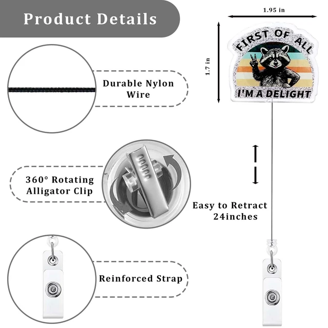Alt view image 2 of 6 - First of All I'm a Delight Funny Raccoon Nurse Badge Reel, Pediatric ID Badge Holder Retractable Clip, Cute Nurse Gifts for RN LPN MA CNA BSN Nursing Student Doctor Social Workers