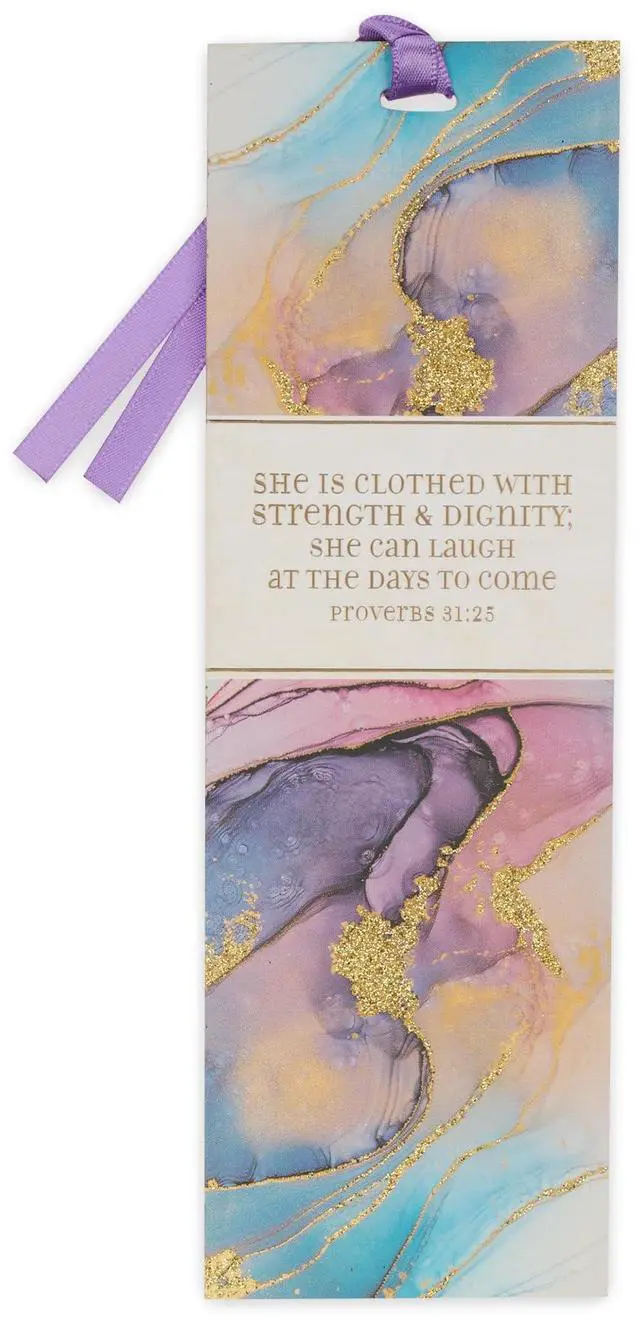 Main image of Christian Art Gifts Marble Swirl Scripture Bookmark: Strength and Dignity | Proverbs 31:25 Bible Verse, Metallic Gold Accents, Cardstock, Christian Bookmarks for Women, Satin Ribbon, Purple