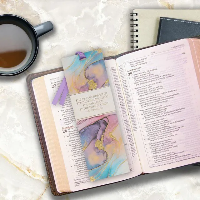 Alt view image 5 of 7 - Christian Art Gifts Marble Swirl Scripture Bookmark: Strength and Dignity | Proverbs 31:25 Bible Verse, Metallic Gold Accents, Cardstock, Christian Bookmarks for Women, Satin Ribbon, Purple