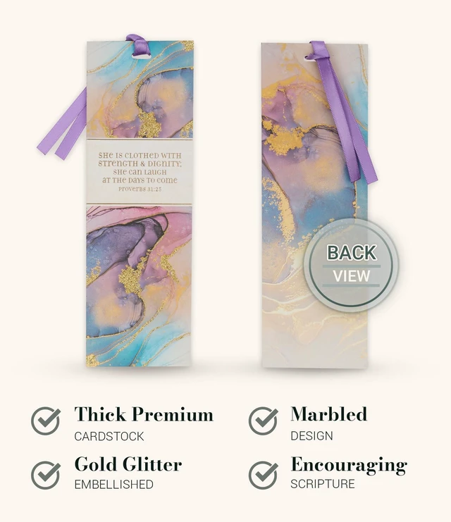 Alt view image 2 of 7 - Christian Art Gifts Marble Swirl Scripture Bookmark: Strength and Dignity | Proverbs 31:25 Bible Verse, Metallic Gold Accents, Cardstock, Christian Bookmarks for Women, Satin Ribbon, Purple
