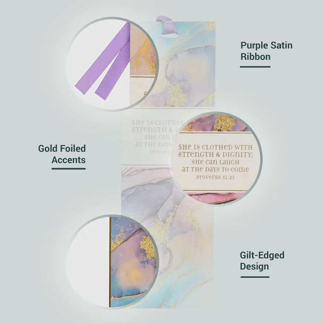 Alt view image 3 of 7 - Christian Art Gifts Marble Swirl Scripture Bookmark: Strength and Dignity | Proverbs 31:25 Bible Verse, Metallic Gold Accents, Cardstock, Christian Bookmarks for Women, Satin Ribbon, Purple