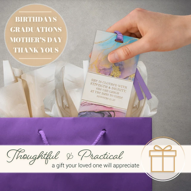 Alt view image 4 of 7 - Christian Art Gifts Marble Swirl Scripture Bookmark: Strength and Dignity | Proverbs 31:25 Bible Verse, Metallic Gold Accents, Cardstock, Christian Bookmarks for Women, Satin Ribbon, Purple