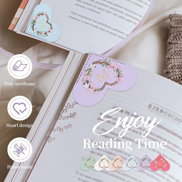 Alt view image 3 of 7 - 6 Pack Macaron Colorful Bookmarks,Heart Shape Leather Bookmark Set with Floral Initials,Cute UV Printed Design,Bulk Graduation Gifts for Students Teachers Book Lovers,Elegant Thank You Gift (M)