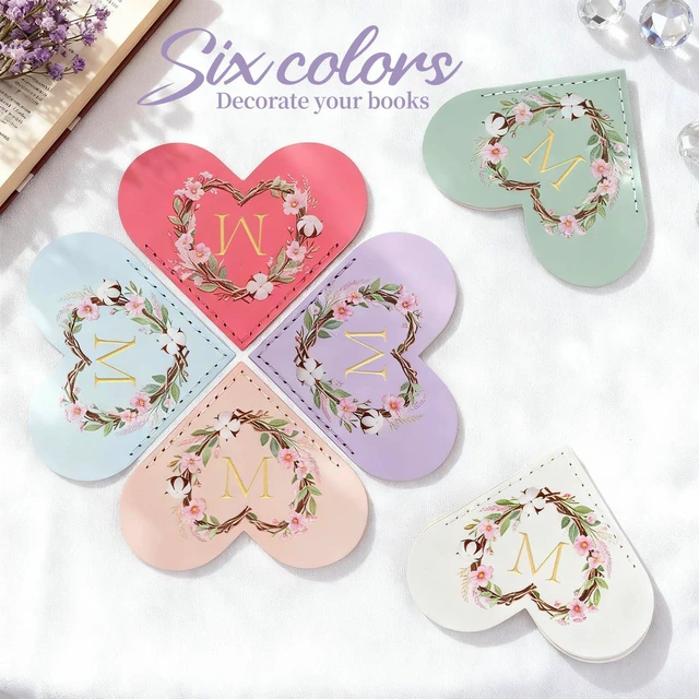 Alt view image 4 of 7 - 6 Pack Macaron Colorful Bookmarks,Heart Shape Leather Bookmark Set with Floral Initials,Cute UV Printed Design,Bulk Graduation Gifts for Students Teachers Book Lovers,Elegant Thank You Gift (M)