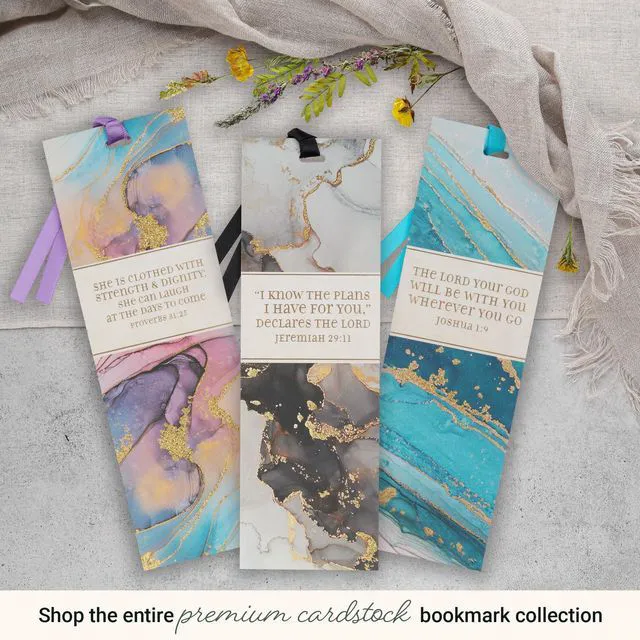 Alt view image 7 of 7 - Christian Art Gifts Marble Swirl Scripture Bookmark: Strength and Dignity | Proverbs 31:25 Bible Verse, Metallic Gold Accents, Cardstock, Christian Bookmarks for Women, Satin Ribbon, Purple
