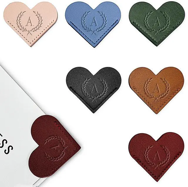 Main image of PYXC Initials Leather Heart Bookmarks 6 Pieces Cute Bookmark Couple Gift | With Initials Handmade Cute Custom Corner Book Marks for Reading Women Teachers Students, Book Lovers Gifts Book Accessories