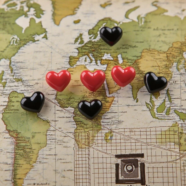 Alt view image 2 of 7 - Plastic Heart Push Pins for Message Boards, Total 100Pcs, Red and Black Pinhead, Metal Needle Map Tacks, Travel Location Indicator Pins for Saint Valentine's Day & Daily