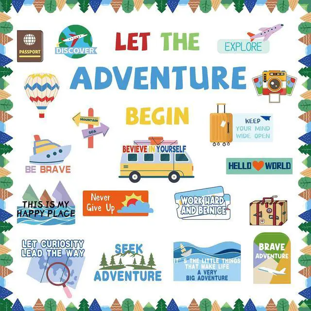 Main image of Adecortalk 40 Pcs Let The Adventure Begin Motivational Bulletin Board Adventure Motivational Sign Classroom Decorations Travel Map Posters for Kids Teacher Students Back to School Home Wall Decor