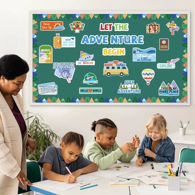 Alt view image 7 of 7 - Adecortalk 40 Pcs Let The Adventure Begin Motivational Bulletin Board Adventure Motivational Sign Classroom Decorations Travel Map Posters for Kids Teacher Students Back to School Home Wall Decor