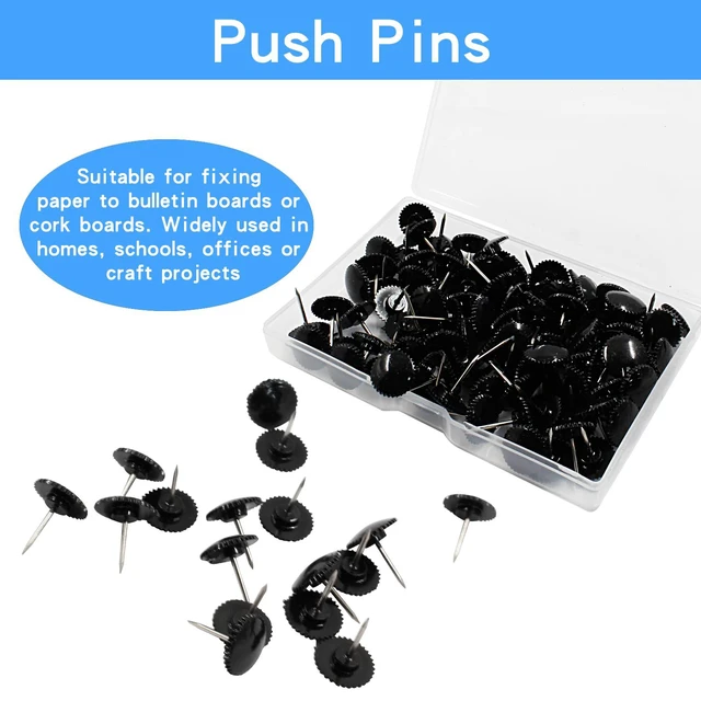 Alt view image 3 of 5 - 100 Pcs Black Push Pins, Plastic Thumb Tacks for Wall Hanging | Flat Head, Steel Point, Push Pins Wall Tacks Thumbtacks, For Furniture Cork Board DIY Projects or Home Decor
