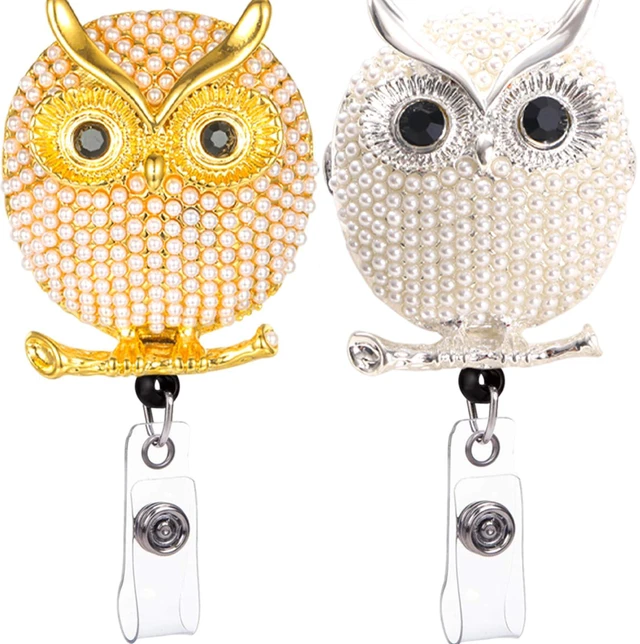 Main image of Cute Owl Retractable Badge Reel Rhinestone Badge Holder Retractable Clip Cute Diamond Glitter Nursing Student Name Holders 2 Pack