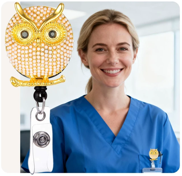 Alt view image 2 of 6 - Cute Owl Retractable Badge Reel Rhinestone Badge Holder Retractable Clip Cute Diamond Glitter Nursing Student Name Holders 2 Pack