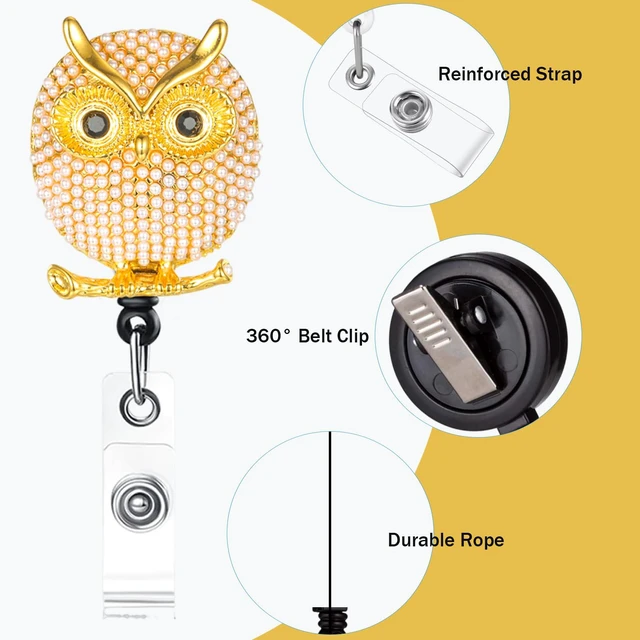 Alt view image 5 of 6 - Cute Owl Retractable Badge Reel Rhinestone Badge Holder Retractable Clip Cute Diamond Glitter Nursing Student Name Holders 2 Pack