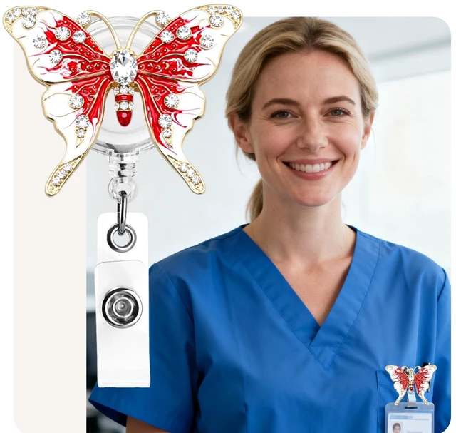 Alt view image 2 of 5 - Butterfly Badge Reel Retractable Name Card Holders Clip RN LPN CNA MA Medical Worker Teacher Nurse Badge Accessories Red