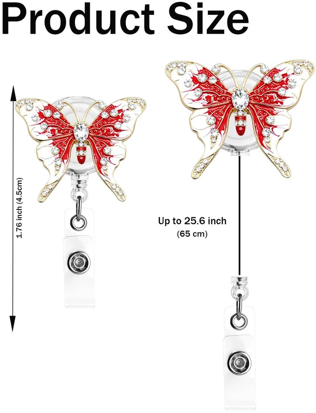 Alt view image 3 of 5 - Butterfly Badge Reel Retractable Name Card Holders Clip RN LPN CNA MA Medical Worker Teacher Nurse Badge Accessories Red