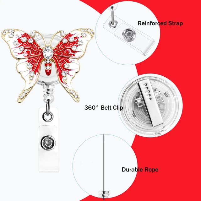 Alt view image 4 of 5 - Butterfly Badge Reel Retractable Name Card Holders Clip RN LPN CNA MA Medical Worker Teacher Nurse Badge Accessories Red