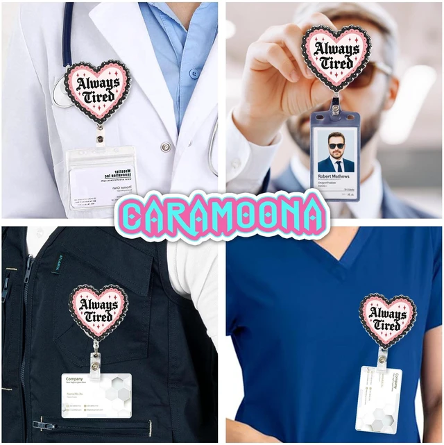 Alt view image 2 of 6 - Always Tired Badge Reel 1.6 Inches Funny Heart, Mental Health, Self Love, Joke Humor ID Card Holders, Retractable Alligator/Belt Clip, Acrylic Material, Badge Holders Accessories DIY for Nurse Doctor