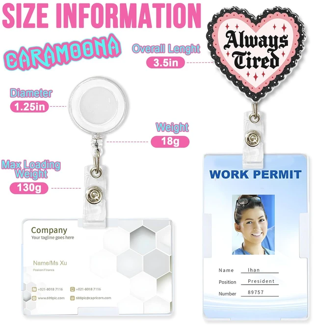 Alt view image 4 of 6 - Always Tired Badge Reel 1.6 Inches Funny Heart, Mental Health, Self Love, Joke Humor ID Card Holders, Retractable Alligator/Belt Clip, Acrylic Material, Badge Holders Accessories DIY for Nurse Doctor