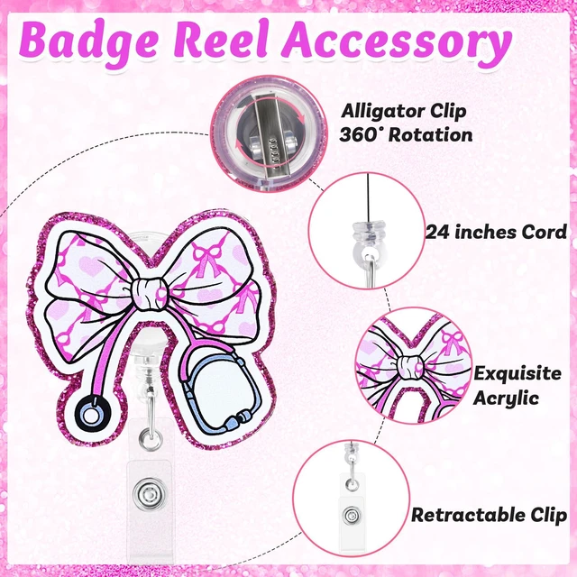 Alt view image 2 of 6 - Hotlea Funny Bow Badge Reel Retractable Nurse Badge Holders with Alligator Clip Pediatric Medical Badge Buddy RN LPN CNA MA Nursing Student Badge Accessories Gift for Work