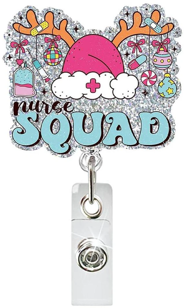 Main image of Christmas Badge Holder QUNQINLI Christmas Badge Reels Id Name Tags Clip for Nurse Nursing Xmas Elk Hat Silver Glitter Id Badge Holders Retractrable Acrylic Alligator Clip for Doctor Teacher Student