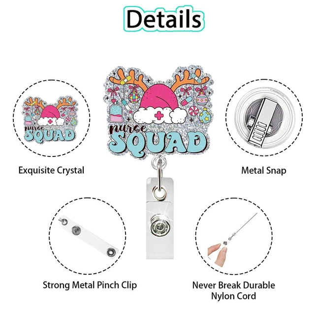 Alt view image 2 of 7 - Christmas Badge Holder QUNQINLI Christmas Badge Reels Id Name Tags Clip for Nurse Nursing Xmas Elk Hat Silver Glitter Id Badge Holders Retractrable Acrylic Alligator Clip for Doctor Teacher Student