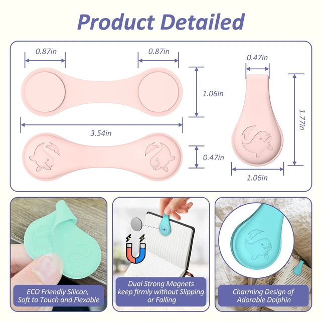 Alt view image 3 of 7 - Magnetic Silicone Cute Dolphin Bookmarks for Reading Book 3 PCS | Extra Strong Magnetic, Bookmark Clip, Book Page Holders Accessories, Gift for Women, Men, Teachers, Readers, Kids