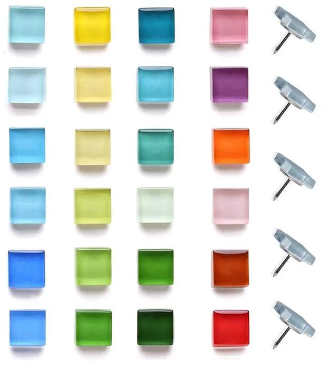 Main image of Aoxsie 24pcs Decorative Cute Push Pins Glass Pushpins Thumbtacks | Multicolored Square Thumb Tacks Push Pins for Bulletin Cork Boards Office Products