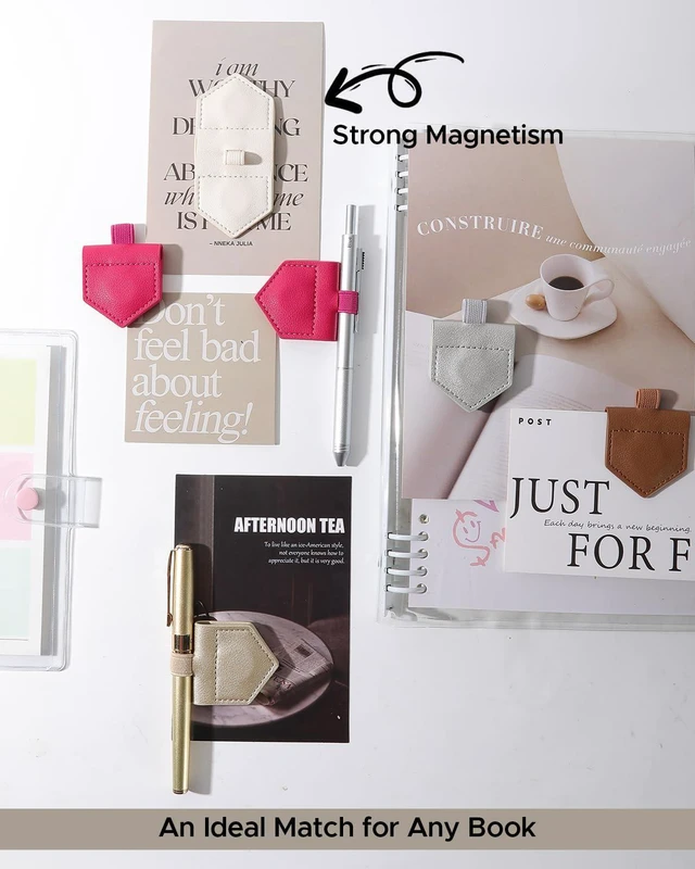 Alt view image 4 of 5 - Magnetic Leather Bookmarks with Pen Holder Vegan Leather Book Marks Gifts for Reading Book Lovers Notebook Travelers (Pink-2PC)