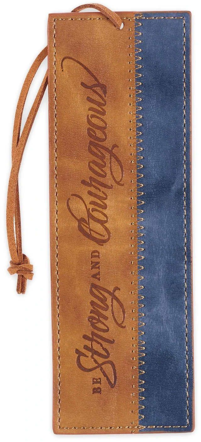 Main image of Christian Art Gifts Faux Leather Scripture Bookmark: Strong and Courageous | Brown & Navy Blue, Joshua 1:9 Bible Verse, Cord, Book & Bible Reading Accessory, Encouragement Gifts, Christian Bookmarks