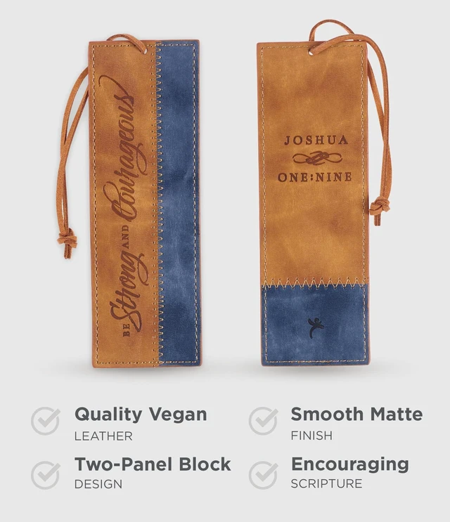 Alt view image 2 of 7 - Christian Art Gifts Faux Leather Scripture Bookmark: Strong and Courageous | Brown & Navy Blue, Joshua 1:9 Bible Verse, Cord, Book & Bible Reading Accessory, Encouragement Gifts, Christian Bookmarks