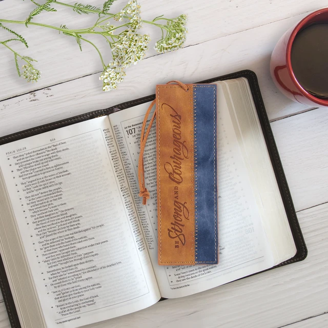 Alt view image 6 of 7 - Christian Art Gifts Faux Leather Scripture Bookmark: Strong and Courageous | Brown & Navy Blue, Joshua 1:9 Bible Verse, Cord, Book & Bible Reading Accessory, Encouragement Gifts, Christian Bookmarks