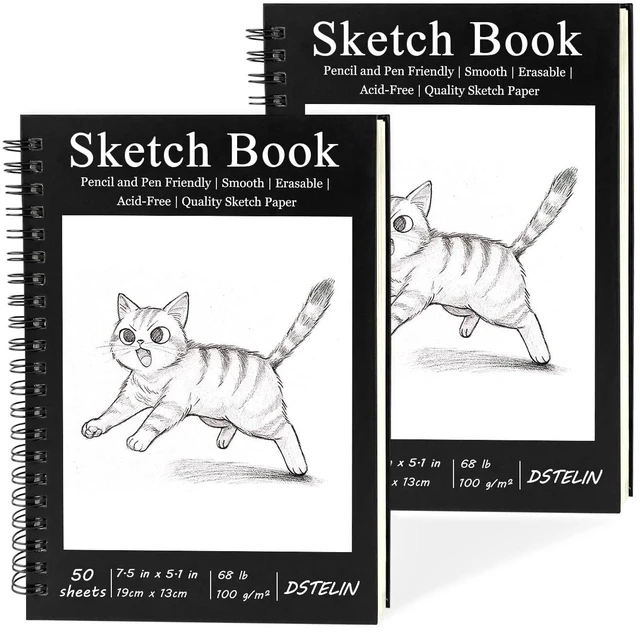 Main image of DSTELIN 2 Pack Spiral Bound Sketchbooks (100 GSM Sketch Paper), 50 Sheets per Pack, 7.5" x 5.1" Sketchbook with Black Hard Cover for Painting, Drawing and Sketching