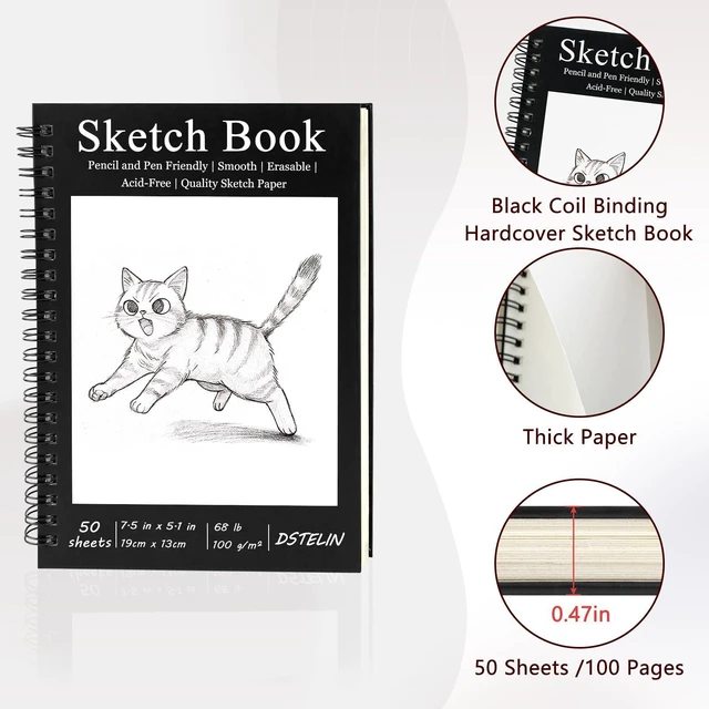 Alt view image 3 of 6 - DSTELIN 2 Pack Spiral Bound Sketchbooks (100 GSM Sketch Paper), 50 Sheets per Pack, 7.5" x 5.1" Sketchbook with Black Hard Cover for Painting, Drawing and Sketching