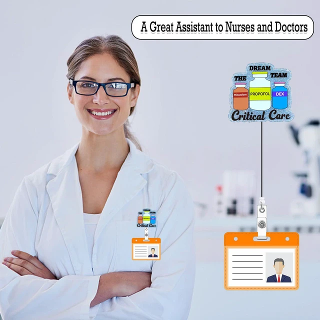 Alt view image 5 of 7 - Arakulago The Dream Team Critical Care Badge Reel Retractable Funny Nurse Nursing Student Badge Holder with ID Clip Accessories RN CNA Medical Assistant Acrylic Name Badge Clip ID Tag Card