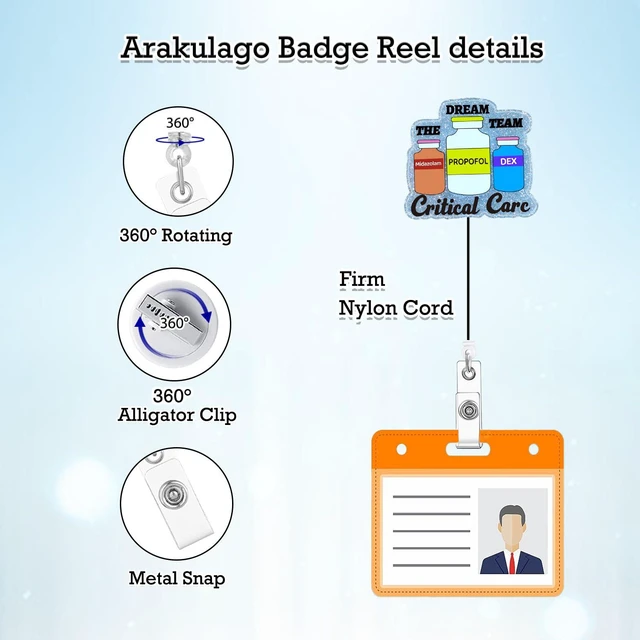 Alt view image 2 of 7 - Arakulago The Dream Team Critical Care Badge Reel Retractable Funny Nurse Nursing Student Badge Holder with ID Clip Accessories RN CNA Medical Assistant Acrylic Name Badge Clip ID Tag Card
