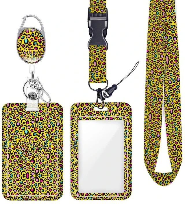 Main image of Yellow Rainbow Neon Leopard ID Badge Holder Badge Reel Lanyards for ID Badges Work Protector Retractable Carabiner Clips Heavy Duty Key Lanyard for Women Nurse Doctor Student Christmas Birthday Gifts
