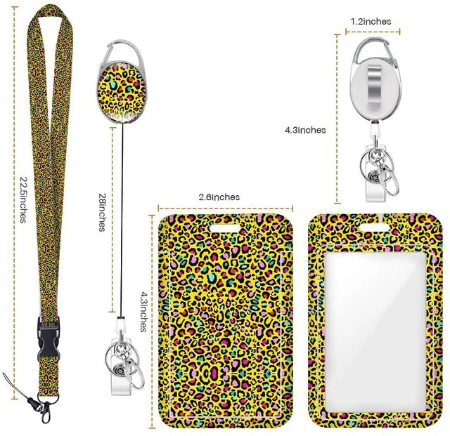 Alt view image 2 of 6 - Yellow Rainbow Neon Leopard ID Badge Holder Badge Reel Lanyards for ID Badges Work Protector Retractable Carabiner Clips Heavy Duty Key Lanyard for Women Nurse Doctor Student Christmas Birthday Gifts