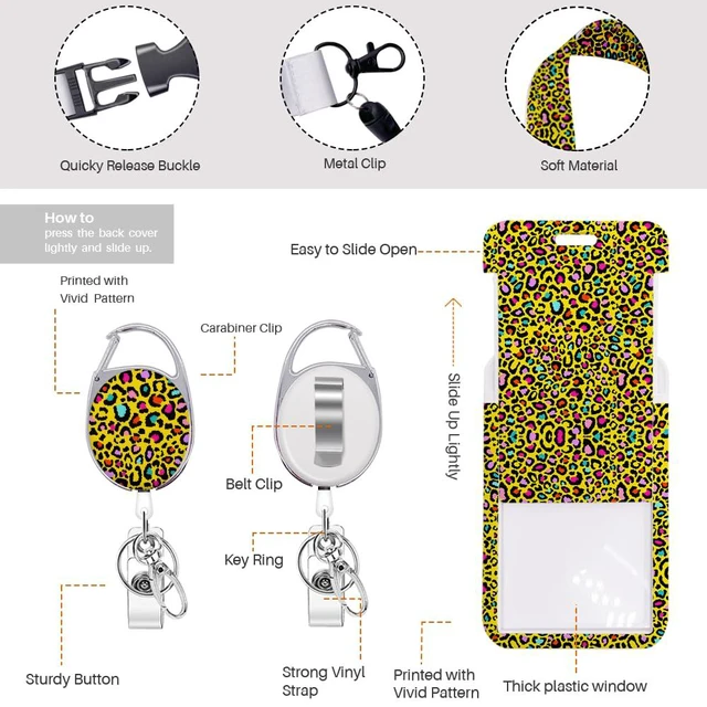 Alt view image 4 of 6 - Yellow Rainbow Neon Leopard ID Badge Holder Badge Reel Lanyards for ID Badges Work Protector Retractable Carabiner Clips Heavy Duty Key Lanyard for Women Nurse Doctor Student Christmas Birthday Gifts