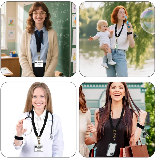 Alt view image 2 of 5 - PLwelth Stretchy Scrunchie Lanyard for ID Badges Keys Cute Neck Teacher Lanyard for Women Retractable Keychain Holder Black Key Lanyards Teacher Appreciation Gifts Nurse Office Gifts Accessories